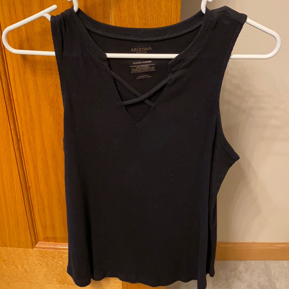 Black tank top with criss cross front. Size small